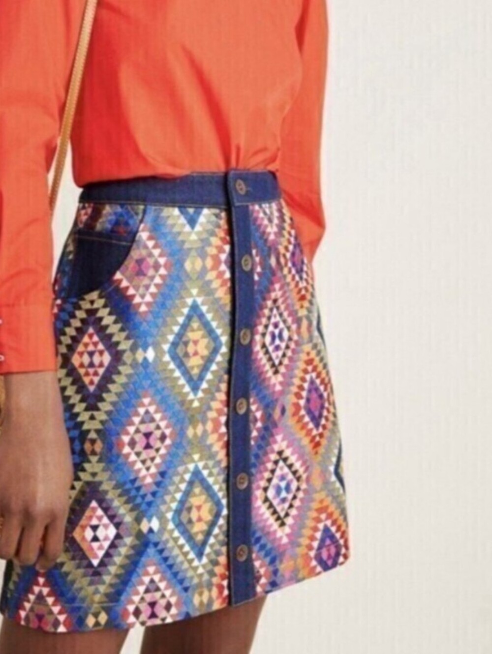 Anthropologie Multicolor Embroidered Denim Button-Front Mini Skirt, Size 8